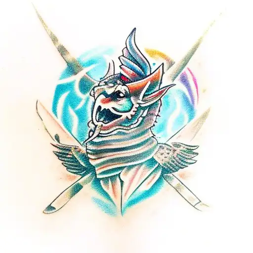 crear un taruaje delicado que contenga UN BRÚJULA CELTA, ESCOBA DE BRUJA, AVE FENIX tattoo design idea