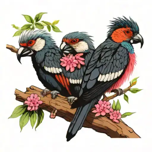 kookaburra, rainbow lorikeet, black cockatoo, cockatoo, sitting together in an Australian eucalyptus tree with pink flow tattoo design idea