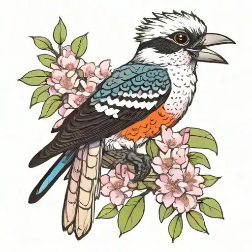 kookaburra, rainbow lorikeet, black cockatoo, cockatoo, sitting in Australian eucalyptus tree with pink flowers tattoo design idea