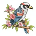 kookaburra, rainbow lorikeet, black cockatoo, cockatoo, sitting in Australian eucalyptus tree with pink flowers tattoo design idea