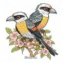 kookaburra, rainbow lorikeet, black cockatoo, cockatoo, sitting in Australian eucalyptus tree with pink flowers tattoo design idea