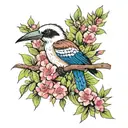 kookaburra, rainbow lorikeet, black cockatoo, cockatoo, sitting in Australian eucalyptus tree with pink flowers tattoo design idea