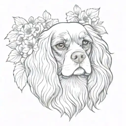 cavalier king charles spaniel lying in flowers tattoo design idea