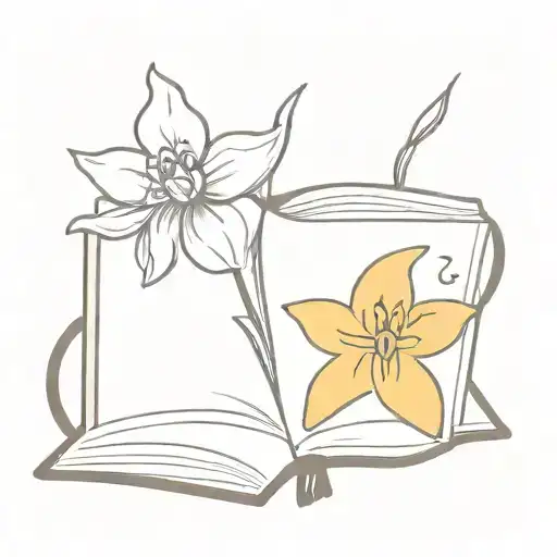 Open book to a page with a daffodil and jelly donut character. chapter title says next chapter with the page partly turn tattoo design idea