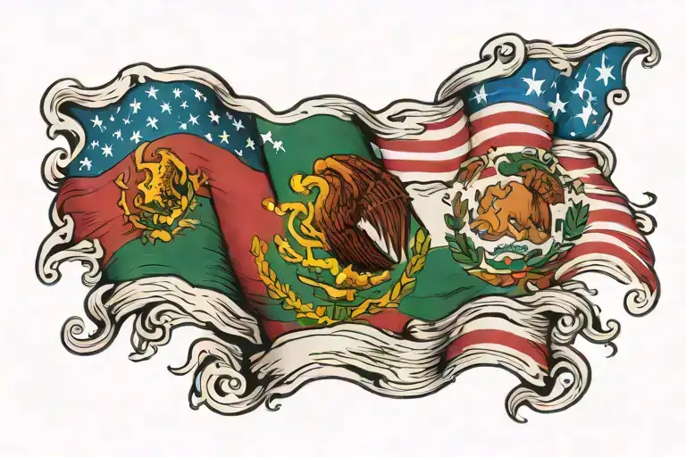 american flag ripped into  mexican flag waving tattoo design idea