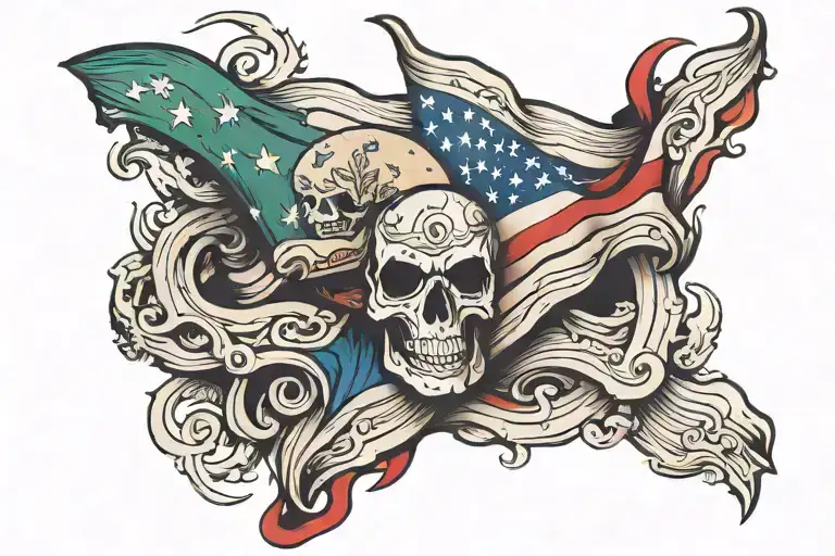 american flag ripped interwined with mexican flag waving tattoo design idea