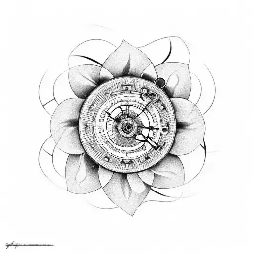 A minimalist tattoo of a clockwork mechanism shaped like a flower, highlighting the beauty and precision of nature's intricate designs. tattoo design idea