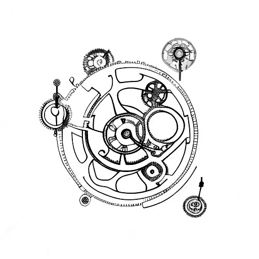 A minimalist tattoo of a clockwork mechanism made up of gears forming the shape of a tree, symbolizing the harmony between nature and technology. tattoo design idea