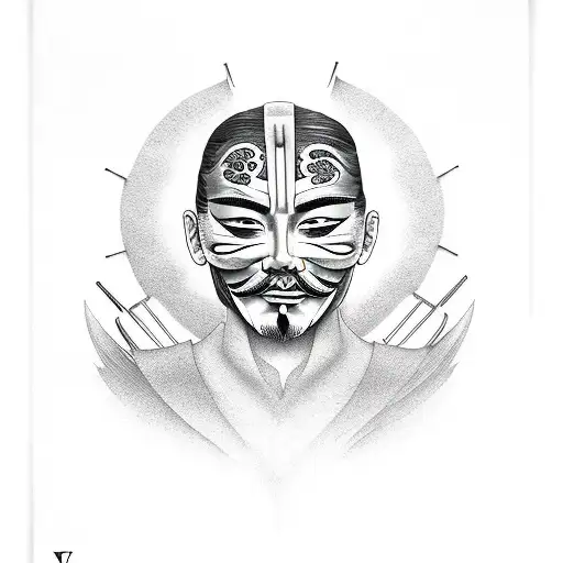 v for vendetta portrait with japanese surrounds tattoo design idea