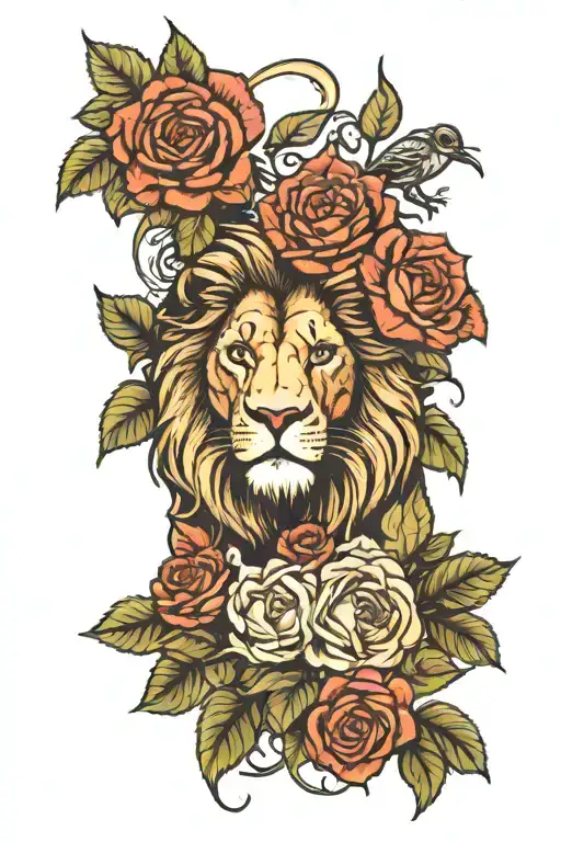 lion and crab surrounded by roses and sunflowers tattoo design idea