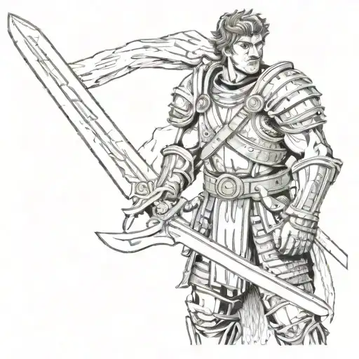 Guts stands dressed in berserker armor, in his right hand he holds his large sword, stained with blood  tattoo design idea