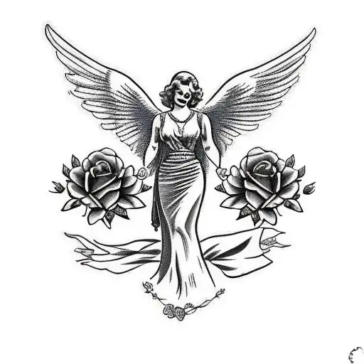guardian angel with roses mom tattoo design idea