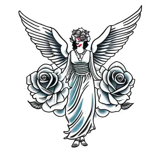 guardian angel with roses mom tattoo design idea