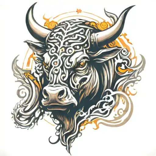 bull with wings , fire crown, fire eyes tattoo design idea