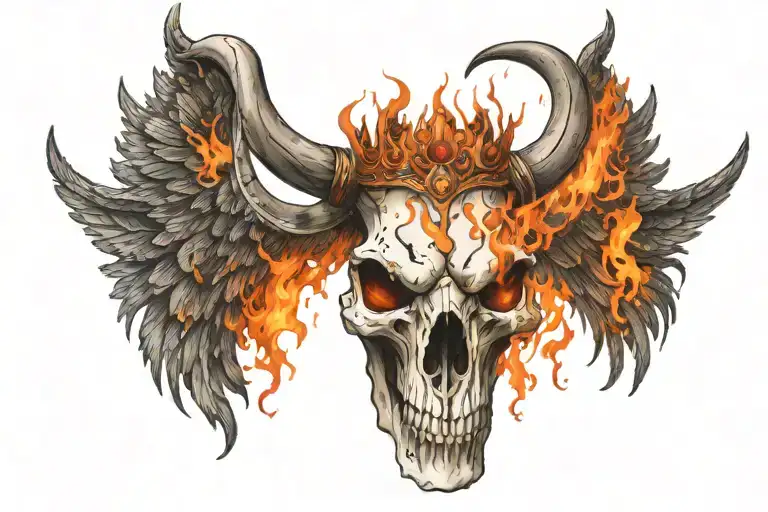 bull  skull with wings , fire crown over  head, fire eyes tattoo design idea