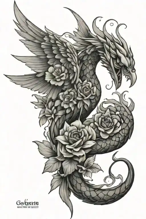 Phoenix and snake crystal flowers tattoo design idea