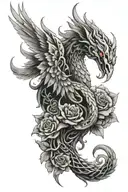 Phoenix and snake crystal flowers tattoo design idea