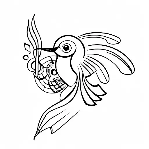 A minimalist tattoo of a colibrí bird holding a musical note, representing the client's love for music and their partner. tattoo design idea