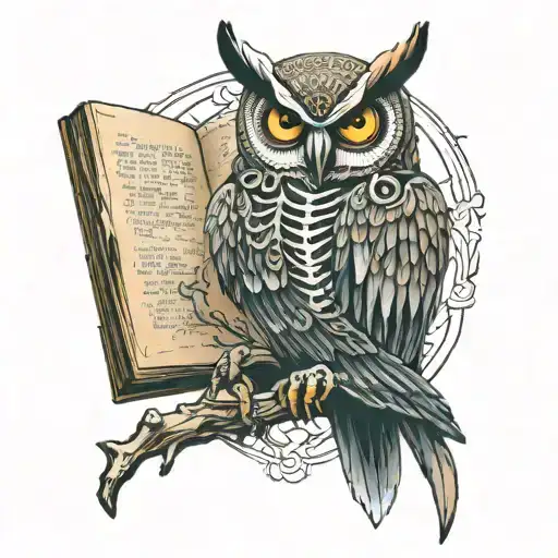 african owl skeleton holding open book open in front tattoo design idea