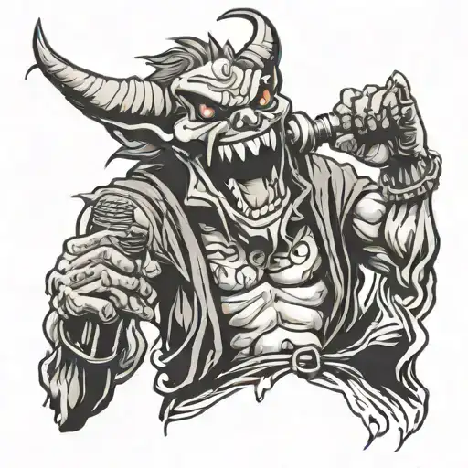A demon smiling mischievously while holding a microphone, representing your passion for rap music tattoo design idea