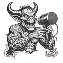 A demon smiling mischievously while holding a microphone, representing your passion for rap music tattoo design idea