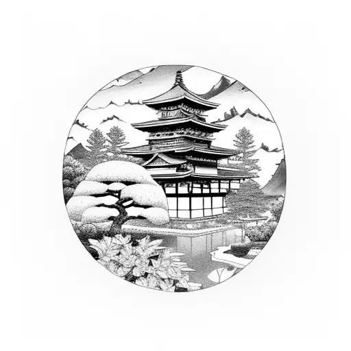 A serene Japanese garden with a baseball diamond hidden among the foliage tattoo design idea