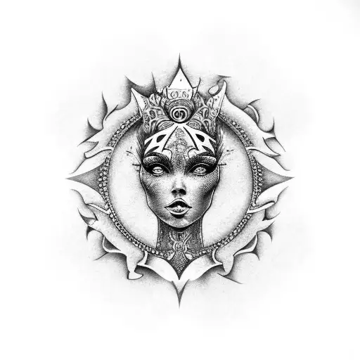 unique high resolution, abundant detail tattoo stencil on paper with smooth clean lines of a elegant tribal mermaid  tattoo design idea