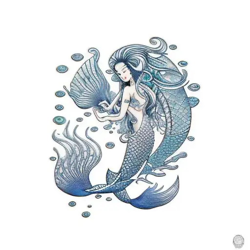  unique high resolution, abundant detail tattoo stencil on paper with smooth clean lines of a breathtaking mermaid  tattoo design idea