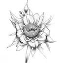Bouquet of Violet, Daffodil, Daisy, and Morning Glory tattoo design idea