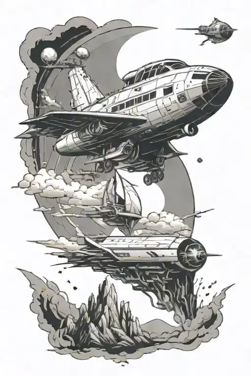 1 space ship taking off the landscape of Valencia Spain  tattoo design idea