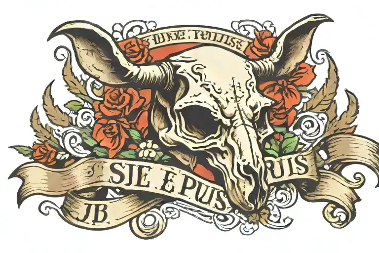deer skull with a hound dog on each side of it and the phrase "Si Je Puis" in a banner tattoo design idea