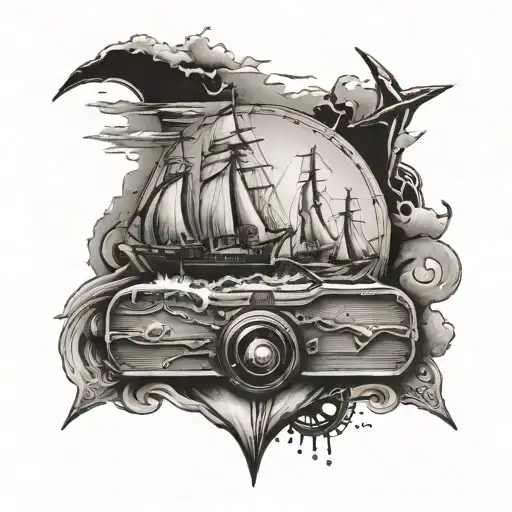 An engineer's tools merged with symbols of travel and homeplace, surrounded by ocean waves tattoo design idea