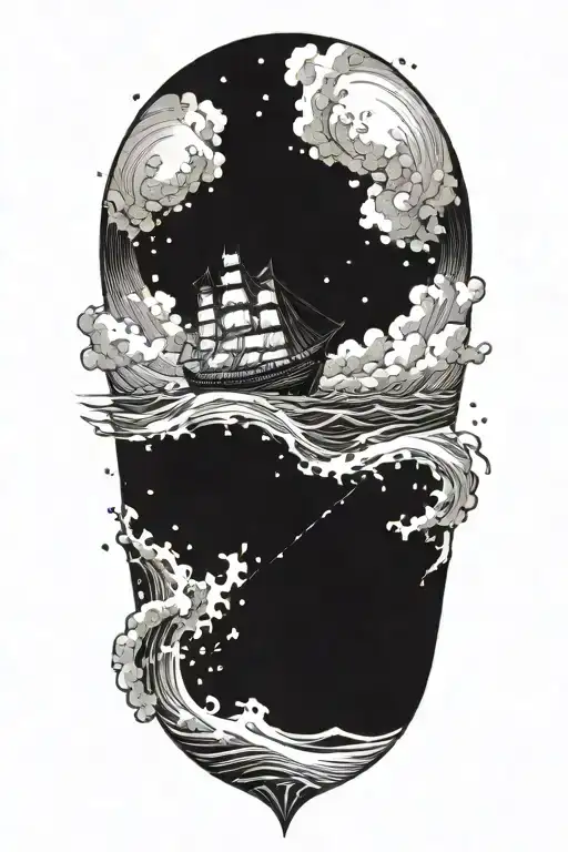 A sketch style tattoo of a ship navigating through stormy seas towards the coordinates of home, symbolizing finding your way back tattoo design idea