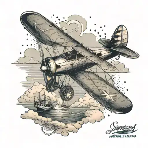 An intricate design of a vintage airplane flying over a serene ocean scene, incorporating elements of both aircraft and boats tattoo design idea