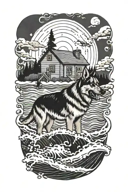 a tattoo with my house surrounded by waves a boat and a german shepherd dog tattoo design idea