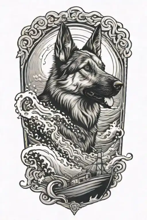 German Shepherd on a boat in the Ocean waves crashing. home tattoo design idea