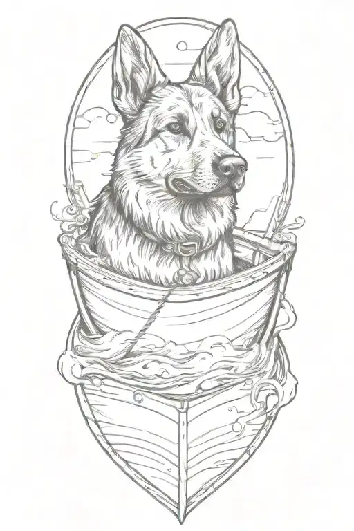 Create a German shepherd guiding a boat through rough waters, blending your love for nature and boating tattoo design idea