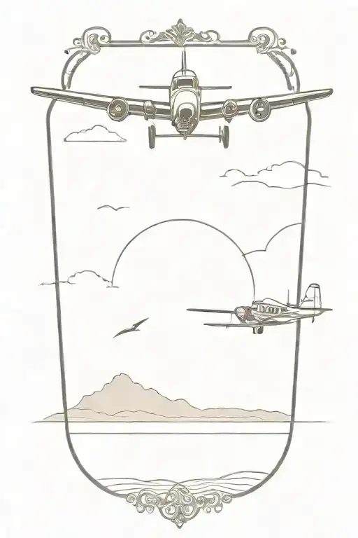 An intricate design of a vintage airplane flying over a serene ocean scene, incorporating elements of both aircraft and boats tattoo design idea