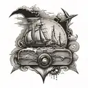 An engineer's tools merged with symbols of travel and homeplace, surrounded by ocean waves tattoo design idea