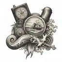 An engineer's tools merged with symbols of travel and homeplace, surrounded by ocean waves tattoo design idea