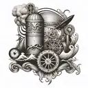 An engineer's tools merged with symbols of travel and homeplace, surrounded by ocean waves tattoo design idea