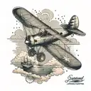 An intricate design of a vintage airplane flying over a serene ocean scene, incorporating elements of both aircraft and boats tattoo design idea