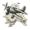 An intricate design of a vintage airplane flying over a serene ocean scene, incorporating elements of both aircraft and boats tattoo design idea