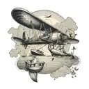 An intricate design of a vintage airplane flying over a serene ocean scene, incorporating elements of both aircraft and boats tattoo design idea