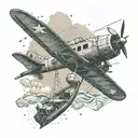 An intricate design of a vintage airplane flying over a serene ocean scene, incorporating elements of both aircraft and boats tattoo design idea