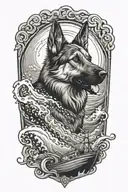 German Shepherd on a boat in the Ocean waves crashing. home tattoo design idea