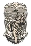 German Shepherd on a boat in the Ocean waves crashing. home tattoo design idea