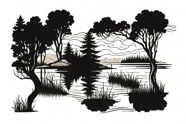 A quiet lake surrounded by trees tattoo design idea