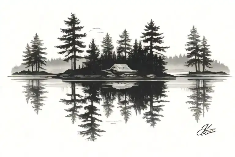 A quiet lake surrounded by trees tattoo design idea