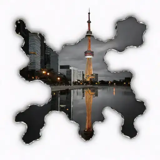 A realism tattoo of the CN Tower reflected in a puddle on a rainy Toronto street tattoo design idea